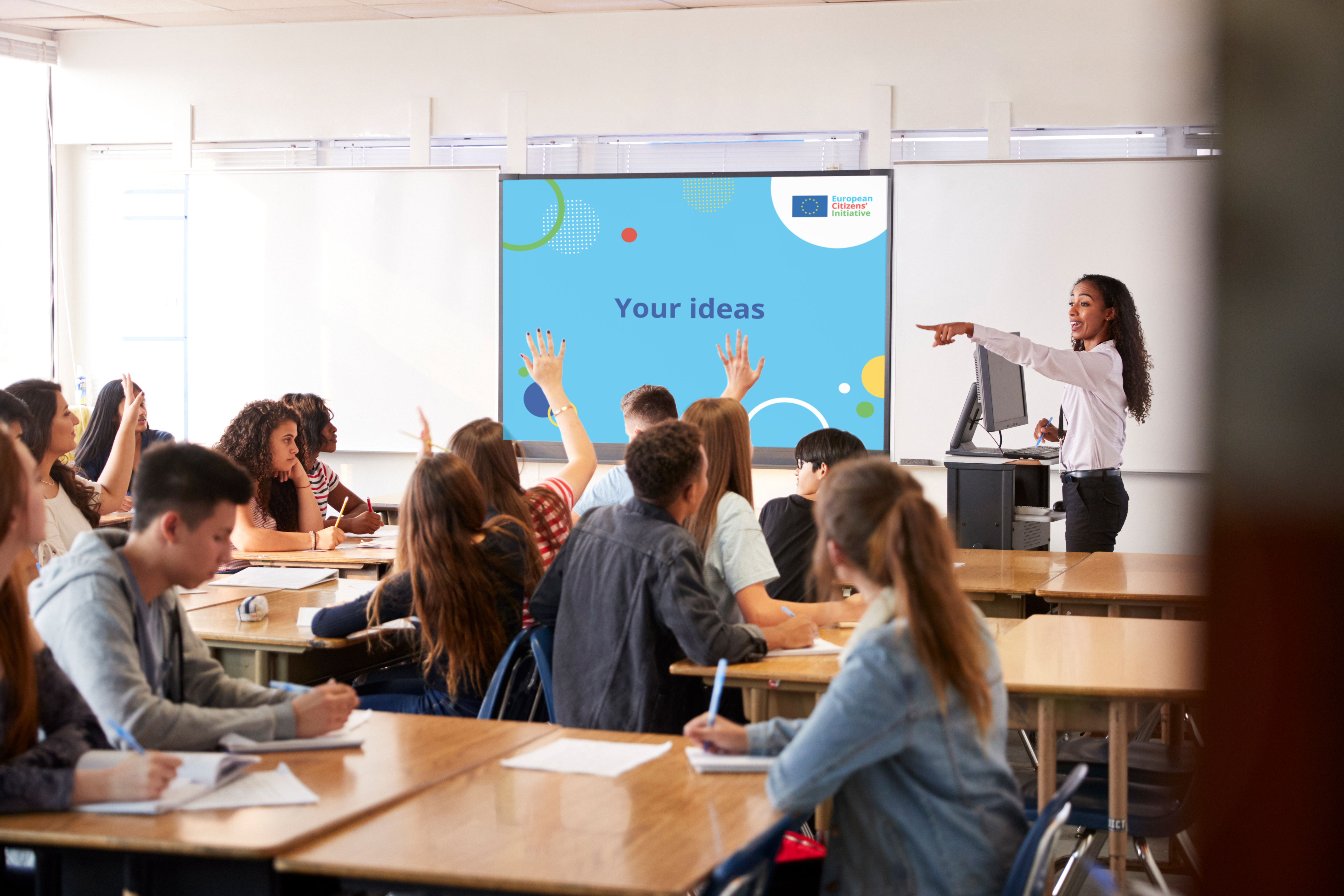 Classroom image A teacher interacts with a classroom full of students